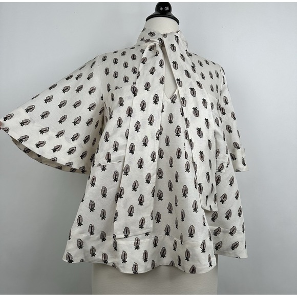 NWT Banana Republic‎ Viscose Linen Tie Neck Top SMALL Block Print Relaxed Blouse - Picture 6 of 17